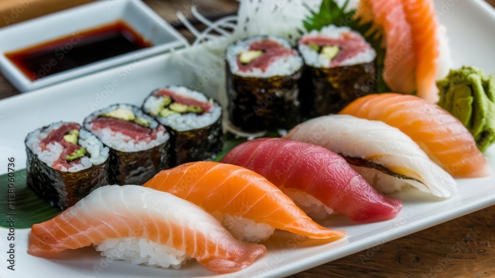 Overhead of hands using chopsticks to pick up sushi rolls off platter. Overhead of hands using chopsticks to pick up sushi rolls off platter.