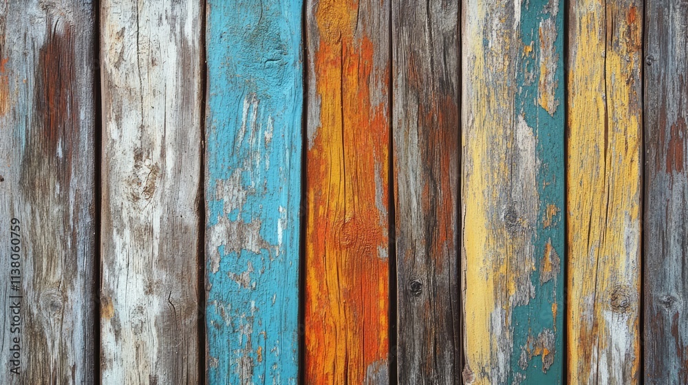 Abstract texture of weathered wooden planks with vibrant colors showcasing the beauty of aging and natural imperfections