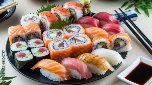 Overhead of hands using chopsticks to pick up sushi rolls off platter. photo