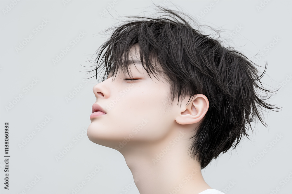 young Japanese person with spiky black hair and closed eyes in profile young Japanese person with spiky black hair and closed eyes in profile