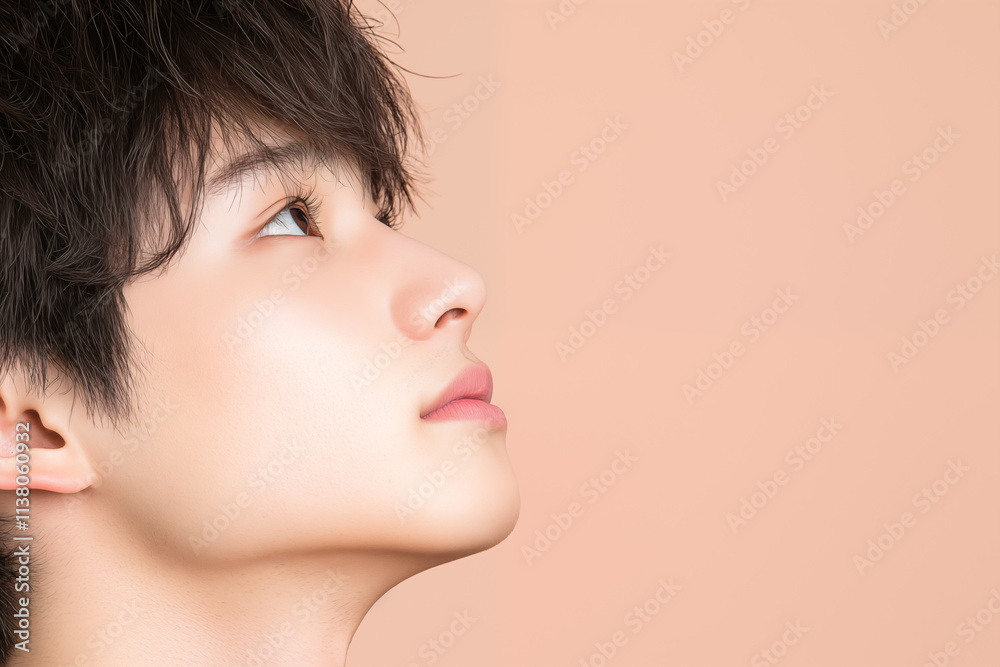 profile portrait of young Japanese man with perfect skin on peachy background profile portrait of young Japanese man with perfect skin on peachy background