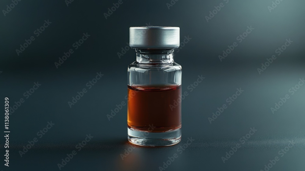 Small glass bottle containing medical alcohol with a silver cap against a dark background representing medicinal use and vintage aesthetics Small glass bottle containing medical alcohol with a silver cap against a dark background representing medicinal use and vintage aesthetics