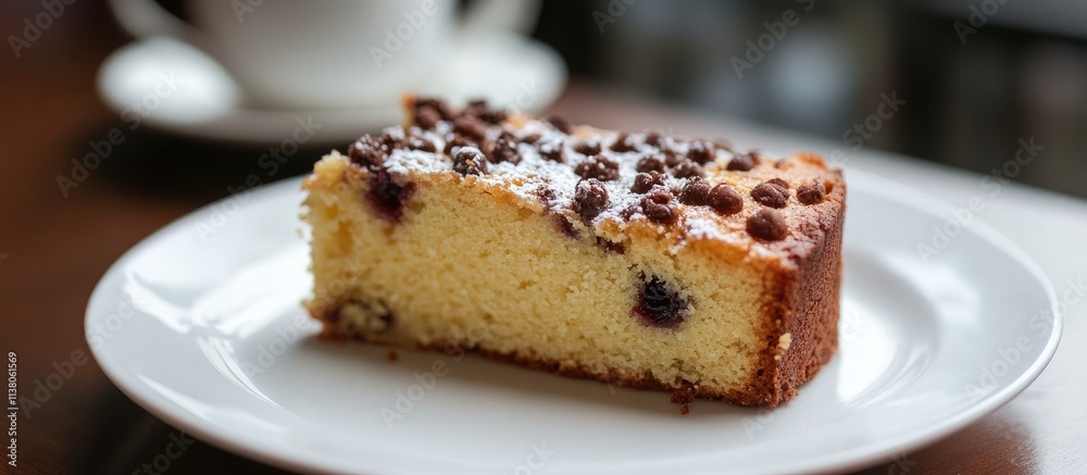 Plumcake slice on a white plate with chocolate chips and coffee cup in background on wooden table setting Plumcake slice on a white plate with chocolate chips and coffee cup in background on wooden table setting