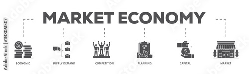 Market economy infographic icon flow process which consists of economic, supply demand, competition, planning, capital, market icon live stroke and easy to edit .