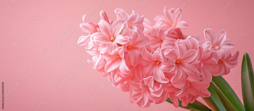 Delicate pink hyacinth flowers gracefully arranged against a soft pastel pink background for a serene and elegant floral composition