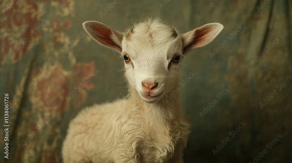 Cute baby goat portrait with soft fur and playful expression against a vintage backdrop showcasing innocence and charm in farm life.