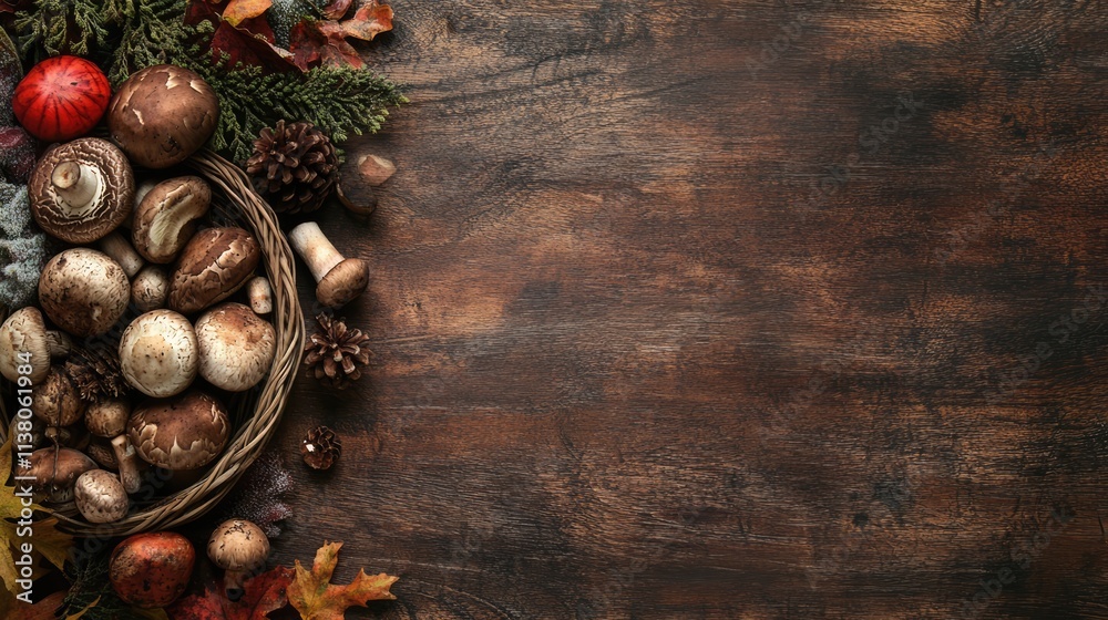 Wooden background featuring a basket of freshly picked autumn mushrooms surrounded by fallen leaves showcasing organic gourmet cuisine. Wooden background featuring a basket of freshly picked autumn mushrooms surrounded by fallen leaves showcasing organic gourmet cuisine.