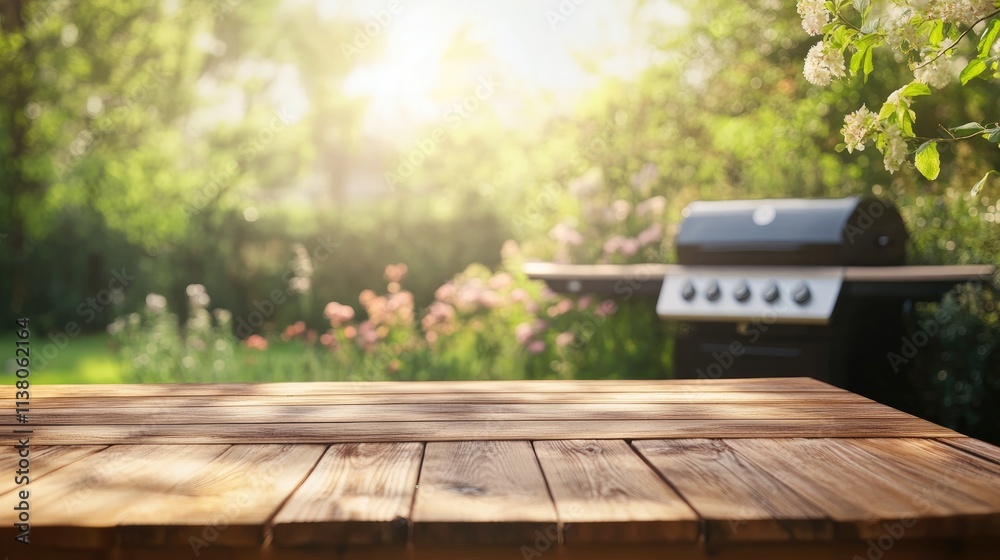 Backyard BBQ setup with wooden table in the foreground and grill amid blooming garden plants in a serene outdoor environment Backyard BBQ setup with wooden table in the foreground and grill amid blooming garden plants in a serene outdoor environment