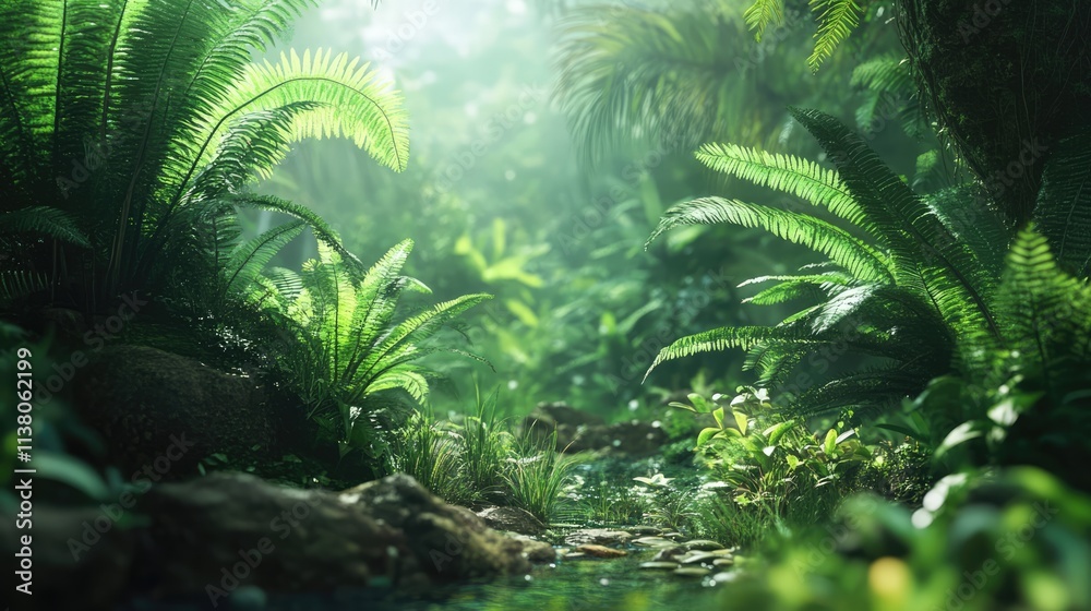 Obraz premium Lush Green Tropical Ferns in Serene Forest Landscape with Soft Natural Lighting