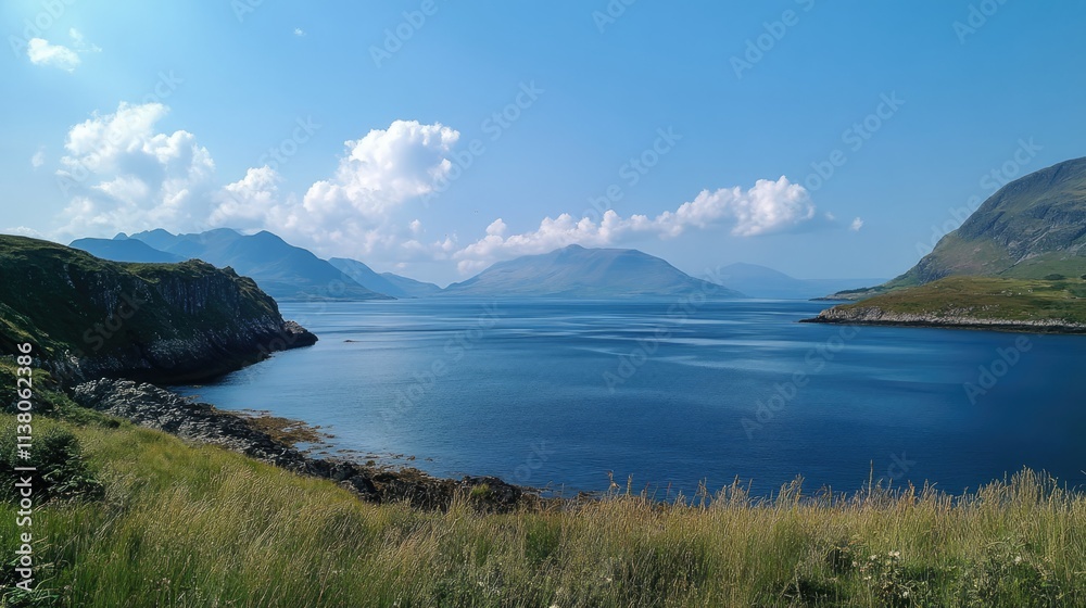 Serene coastal landscape of Isle of Skye with tranquil waters and majestic mountains under a bright blue sky Serene coastal landscape of Isle of Skye with tranquil waters and majestic mountains under a bright blue sky