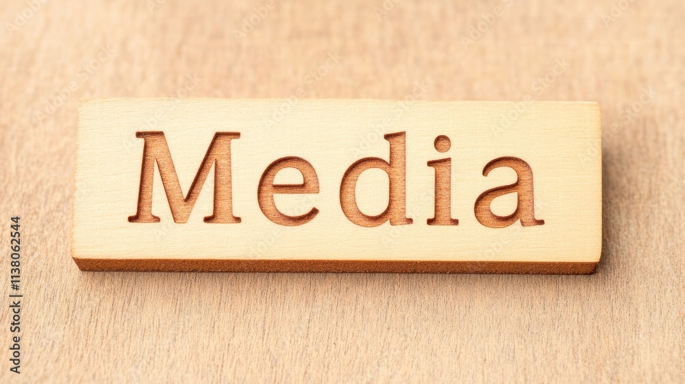 A wooden block engraved with the word Media, symbolizing communication, information, and modern technology. A wooden block engraved with the word Media, symbolizing communication, information, and modern technology.