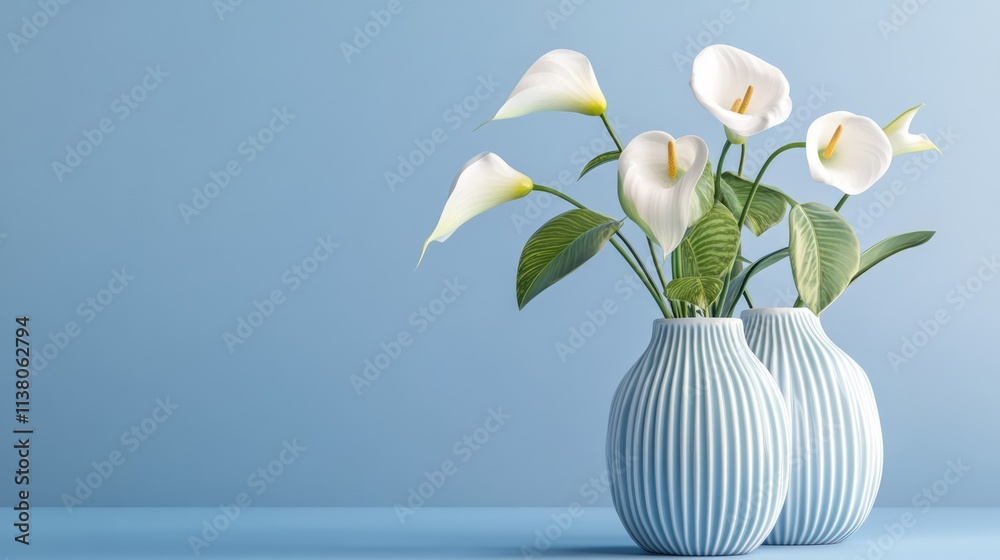 Elegant blue vases with white calla lilies against a soft blue background perfect for floral arrangements and home decor inspiration Elegant blue vases with white calla lilies against a soft blue background perfect for floral arrangements and home decor inspiration