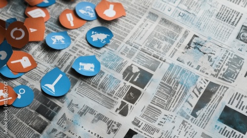 An inspiring World Press Freedom Day illustration with press badges and global news symbols against a newspaper print backdrop, macro shot, Minimalist style photo