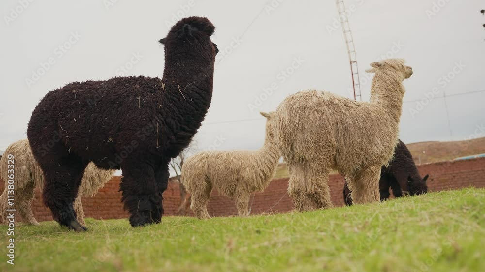 Portrait of black alpaca standing grazing in the Andes mountain range surrounded by green vegetation and cloudy sky Portrait of black alpaca standing grazing in the Andes mountain range surrounded by green vegetation and cloudy sky