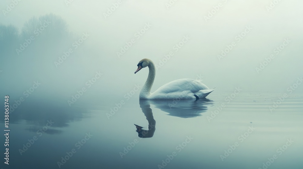 Swan gracefully gliding across serene misty water reflecting tranquility in nature's peaceful landscape Swan gracefully gliding across serene misty water reflecting tranquility in nature's peaceful landscape