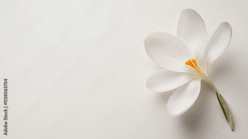 Fototapeta premium Delicate white crocus flower with a vibrant yellow stamen gracefully positioned on a soft white background for floral design inspiration.