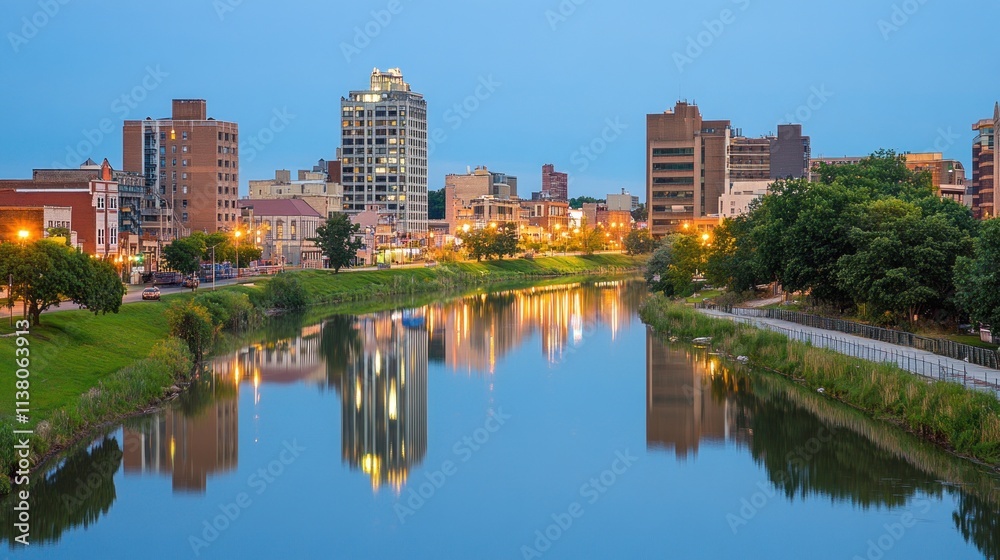 Evening cityscape reflection on the river in La Crosse, Wisconsin Evening cityscape reflection on the river in La Crosse, Wisconsin