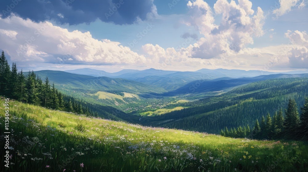Fototapeta premium Scenic panoramic view from mountain pass showcasing lush green valleys and dramatic sky with clouds