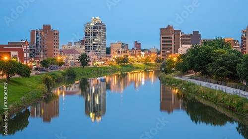 Evening cityscape reflection on the river in La Crosse, Wisconsin