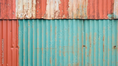 Rusty corrugated metal wall with vibrant colors showcasing weathered texture in an outdoor setting ideal for industrial or vintage themes photo