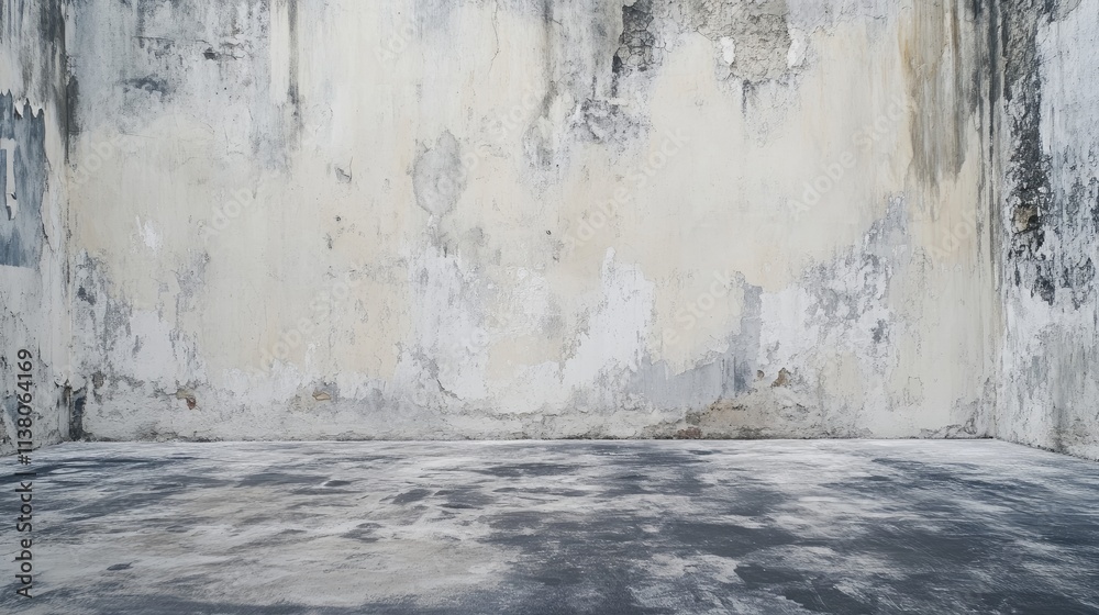 Obraz premium Textured empty wall and floor in urban setting with peeling paint and weathered surfaces for background or interior design concepts