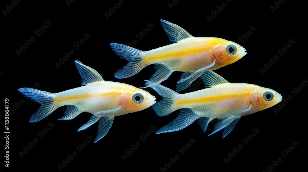 Fototapeta premium Albino lemon tetras swimming gracefully in a freshwater aquarium setting showcasing vibrant colors and unique transparency against a dark background