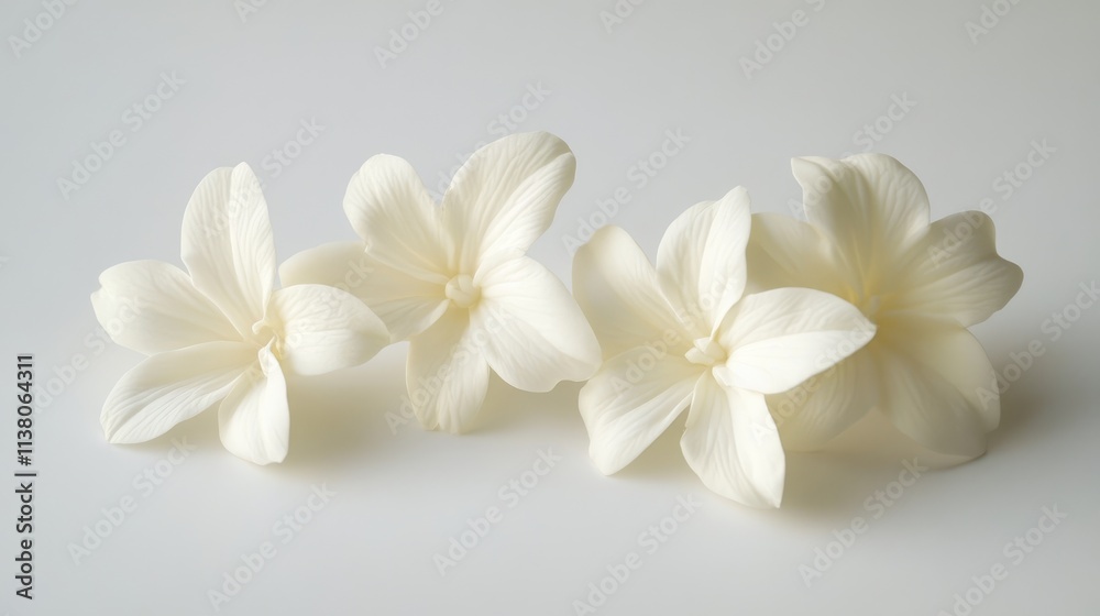 Three delicate white flowers arranged harmoniously on a soft neutral background showcasing their elegant petals and intricate details. Three delicate white flowers arranged harmoniously on a soft neutral background showcasing their elegant petals and intricate details.
