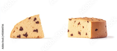 Traditional Italian panettone loaf with a slice showcasing chocolate chips on a clean white background for festive food promotions.