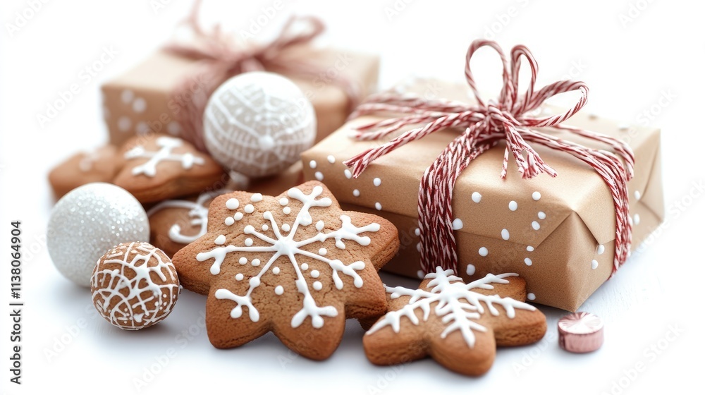 Holiday treats with gingerbread cookies and gift boxes on white background festive atmosphere for winter celebrations and seasonal joy Holiday treats with gingerbread cookies and gift boxes on white background festive atmosphere for winter celebrations and seasonal joy