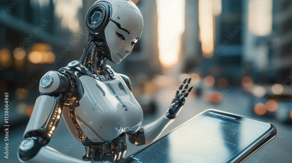 AI in phones assistants communications with smart city infrastructure. Robot cyborg woman with artificial intelligence standing on screen phone in hand human. Futuristic technology of communications.
