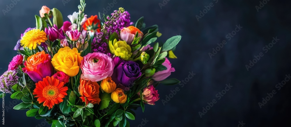 Obraz premium Vibrant flower bouquet showcasing a variety of colors and textures against a dark background with selective focus on floral details.