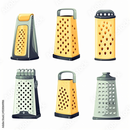 The image shows different types of graters. All graters are yellow and silver in color and have different-sized holes. The graters are isolated on a white background.