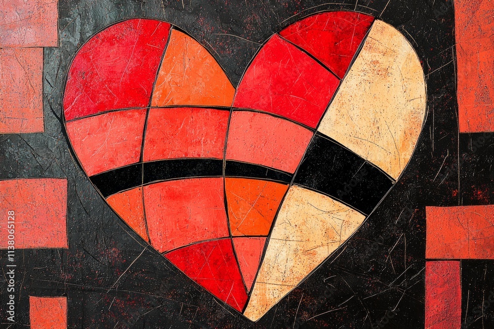 Fototapeta premium A stylized red heart with bold black outlines and geometric cuts, symbolizing passion, health, or love.