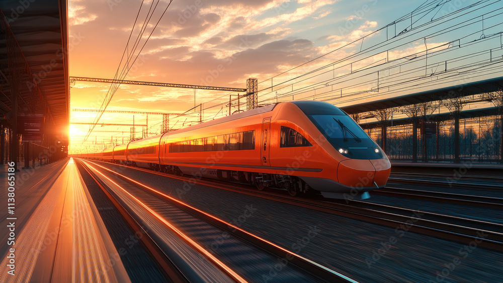 Fototapeta premium High-speed train approaching at sunset with motion blur on a railway platform
