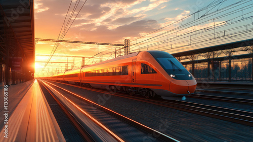 High-speed train approaching at sunset with motion blur on a railway platform photo