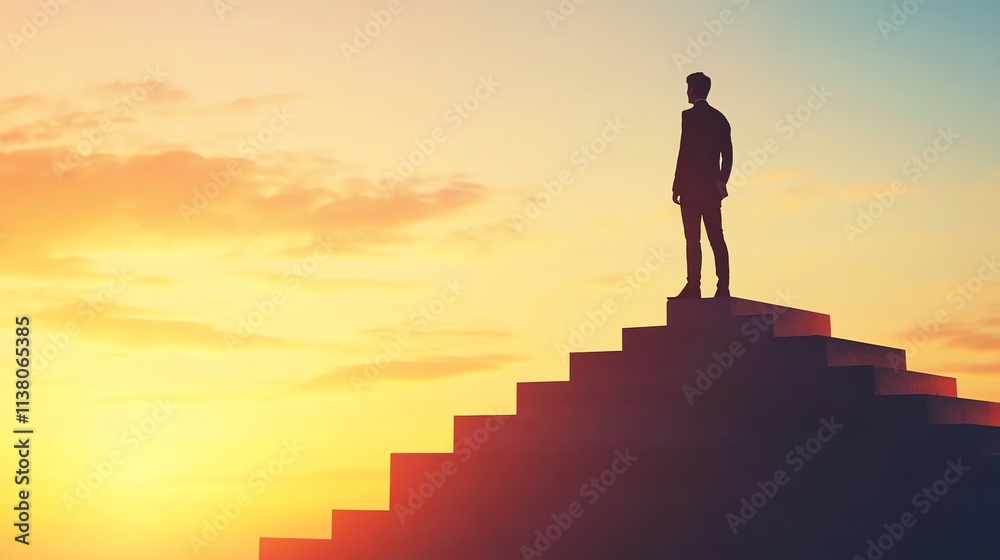 Silhouette of a man standing on top of steps at sunset. Silhouette of a man standing on top of steps at sunset.