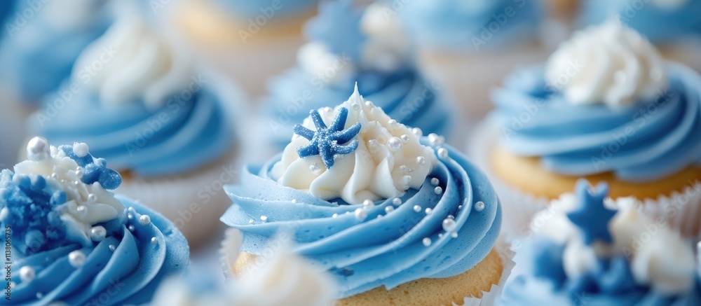 Delightful blue cupcakes adorned with whipped cream and decorative stars perfect for holiday celebrations and special occasions Delightful blue cupcakes adorned with whipped cream and decorative stars perfect for holiday celebrations and special occasions