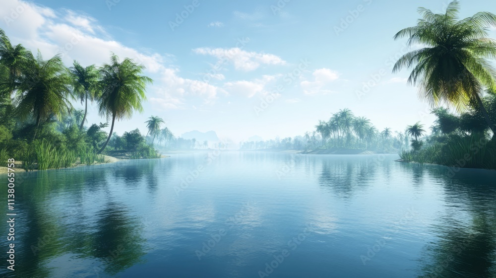 Tranquil canal scene with lush palm trees reflecting on calm water under a clear blue sky in a serene natural landscape. Tranquil canal scene with lush palm trees reflecting on calm water under a clear blue sky in a serene natural landscape.