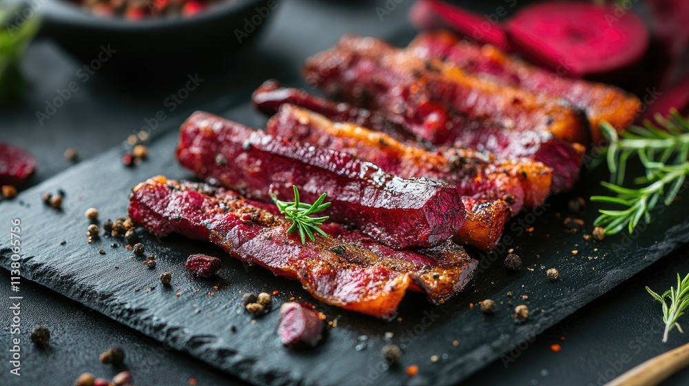 Oven baked bacon garnished with spices and vibrant beets on a dark slate surface showcasing an appetizing culinary presentation Oven baked bacon garnished with spices and vibrant beets on a dark slate surface showcasing an appetizing culinary presentation