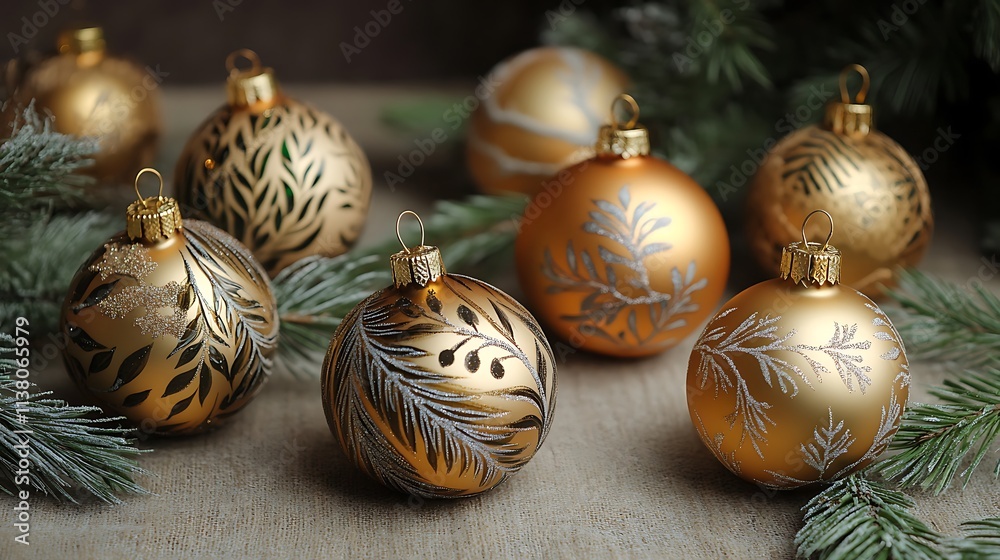 Golden Christmas Ornaments With Pine Branches And Snowflakes Golden Christmas Ornaments With Pine Branches And Snowflakes