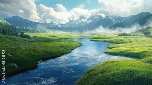 Scenic landscape featuring a serene river surrounded by lush green grass and majestic mountains under a vibrant sky