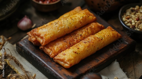 Traditional savory snack platter featuring golden crispy Alen alen rolls served on a rustic wooden board with spices and ingredients. photo