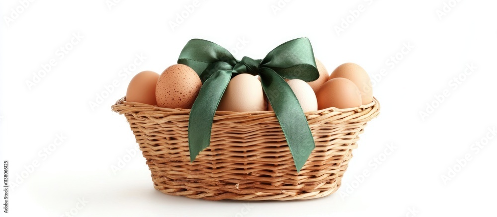 Basket filled with assorted eggs adorned with a green ribbon on a bright white background perfect for Easter or spring themes. Basket filled with assorted eggs adorned with a green ribbon on a bright white background perfect for Easter or spring themes.
