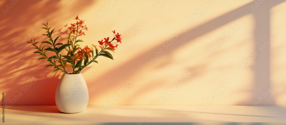 Elegant floral arrangement in a white vase on a colorful backdrop with soft shadows creating a serene atmosphere in natural lighting Elegant floral arrangement in a white vase on a colorful backdrop with soft shadows creating a serene atmosphere in natural lighting