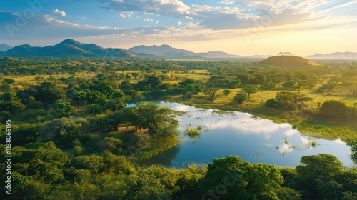 Serene aerial landscape view featuring lush greenery and tranquil water reflecting a sunset over distant mountains. photo