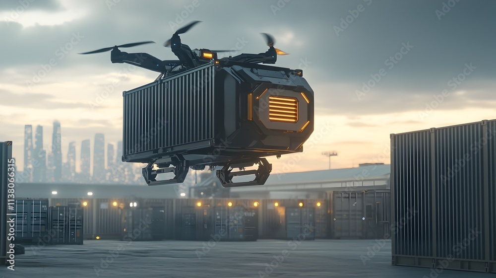 A drone is flying over a city with a large container on its back A drone is flying over a city with a large container on its back