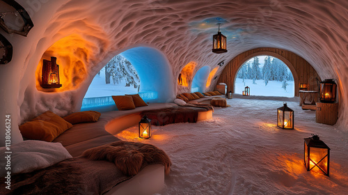 Cozy Igloo Interior with Lantern Lighting and Snow Furniture for Winter Retreat Concept