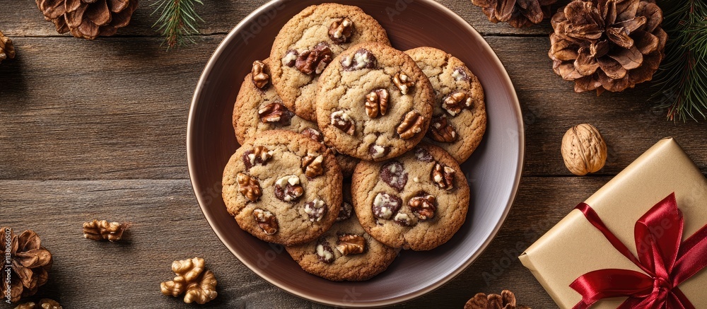 Fototapeta premium Festive cookie arrangement with walnuts and gift decorations on a rustic wooden background perfect for holiday celebrations.