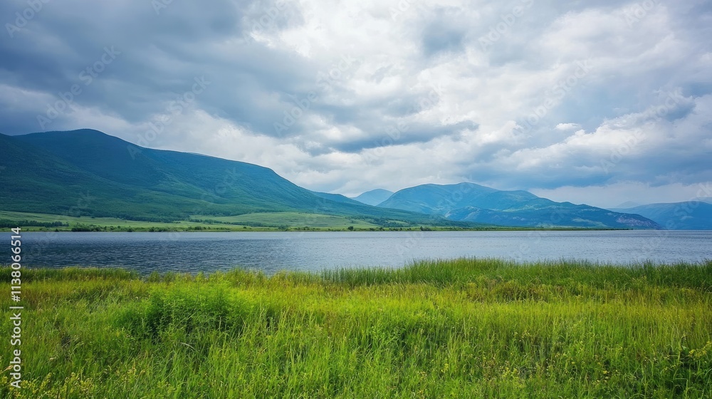 Scenic view of serene mountain lake surrounded by lush greenery and dramatic cloudy skies in a high valley landscape. Scenic view of serene mountain lake surrounded by lush greenery and dramatic cloudy skies in a high valley landscape.