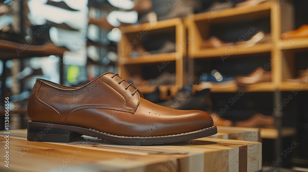A close up of a brown leather men's shoe on a wooden shelf in a shoe store. A close up of a brown leather men's shoe on a wooden shelf in a shoe store.